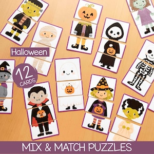 Pode incluir: Um conjunto de 12 cartas de quebra-cabeça de Halloween para misturar e combinar, com ilustrações de personagens como uma múmia, fantasma, vampiro, bruxa e esqueleto. Cada carta é dividida em três segmentos horizontais com bordas roxas.