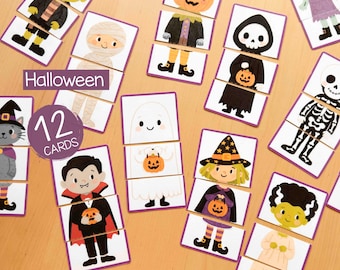 Puede incluir: Un conjunto de 12 tarjetas de rompecabezas de Halloween para mezclar y combinar con ilustraciones de personajes como una momia, un fantasma, un vampiro, una bruja y un esqueleto. Cada tarjeta está dividida en tres segmentos con bordes morados.