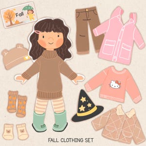 May include: A paper doll with fall clothing options, including a brown sweater, pants, a pink raincoat, and a sweater with a Hello Kitty design. Accessories include a bear hat, socks, and a witch hat. The image includes the text "Fall Clothing Set."