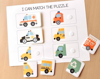 Bijpassende puzzel voertuigen: vervoersactiviteit voor kinderen, werkbladen voor kleuters, montessori-afdrukbaar voor peuters