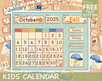 Classroom Calendar Preschool Curriculum Homeschool Montessori Calendar, Blue Perpetual Calendar Toddler Wall Calendar