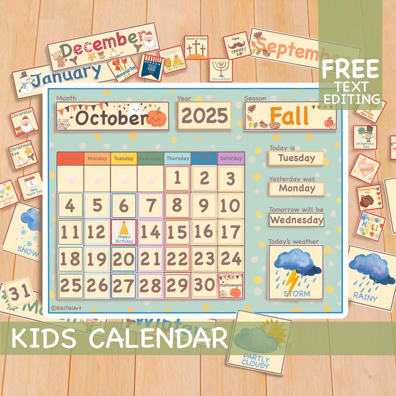 May include: A colorful printable calendar for kids featuring the month of October 2025. The calendar has a blue background with yellow stars and a light blue border. The days of the week are listed at the top, and the numbers for each day are in brown squares. The calendar also includes a section for the day of the week, yesterday, tomorrow, and today's weather. The weather icons are a storm cloud with lightning, a partly cloudy sun, and a rain cloud. The calendar also includes a section for the season, which is Fall. The calendar is decorated with various fall-themed images, such as pumpkins, leaves, and acorns.