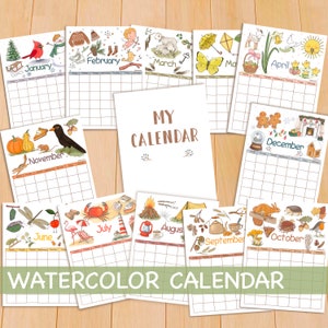 Monthly Printable Perpetual Calendar Planner - Letter Size and A4 Homeschool Calendar - Watercolor 2025 Cute Kids Montessori Wall Calendar