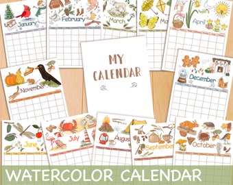 Monatlicher immerwährender Kalender Planer - Letter Format und A4 Homeschool Kalender - Aquarell 2024 niedlicher Kinder Montessori Wandkalender