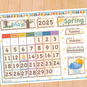 May include: A printable calendar for May 2025 with a spring theme. The calendar features a yellow background with white polka dots and a cartoon tree with a bird. The days of the week are listed at the top of the calendar, and the numbers for each day are in colorful boxes. The calendar also includes a section for the season, yesterday's date, today's date, tomorrow's date, and today's weather. The weather icon shows a partly cloudy sky with a sun.