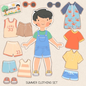 May include: A collection of illustrated summer clothing items for a child, including shorts, shirts, and swimwear. The set features a cartoon figure, sunglasses, and the text "Summer Clothing Set."