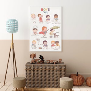 May include: A colorful poster with illustrations of boys doing different activities. The poster says "BOYS can" at the top and includes phrases like "dance", "wear pink", "cry", "help with housework", "be a superhero", "be quiet", "be scared", "be kind", and "be caring".