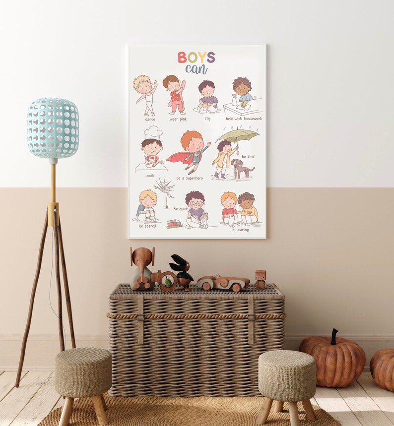 May include: A colorful poster with illustrations of boys doing different activities. The poster says "BOYS can" at the top and includes phrases like "dance", "wear pink", "cry", "help with housework", "be a superhero", "be quiet", "be scared", "be kind", and "be caring".