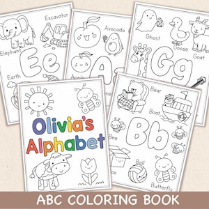 Peut inclure: Plusieurs pages d'un livre de coloriage ABC pour enfants. Chaque page présente une lettre de l'alphabet avec des illustrations associées, comme un éléphant, une pomme et un ours. La couverture indique "Olivia's Alphabet" en lettres colorées, avec le texte "ABC COLORING BOOK" en bas.
