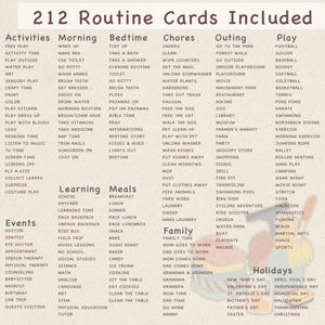 May include: A colorful routine card set titled "212 Routine Cards Included" with categories like Activities, Morning, Bedtime, Chores, Outing, Play, Events, Learning, Meals, Family, and Holidays. The cards list various tasks and activities.
