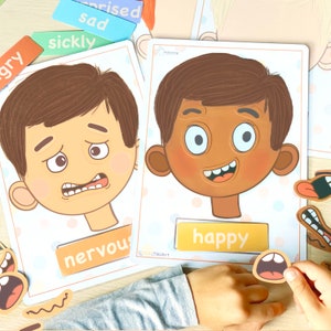 May include: Two illustrated faces with different emotions. The first face is nervous and the second face is happy. The faces are on white cards with the words "nervous" and "happy" written below them.