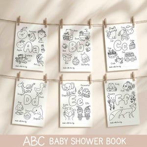 May include: Six white rectangular coloring pages featuring black line art illustrations of the alphabet from A to F. Each page displays a large letter and various objects starting with that letter, labeled with text like Apple, Bear, and Cat.