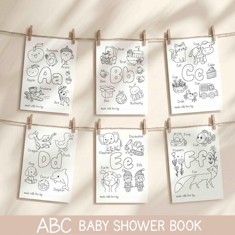 May include: Six white rectangular coloring pages featuring black line art illustrations of the alphabet from A to F. Each page displays a large letter and various objects starting with that letter, labeled with text like Apple, Bear, and Cat.