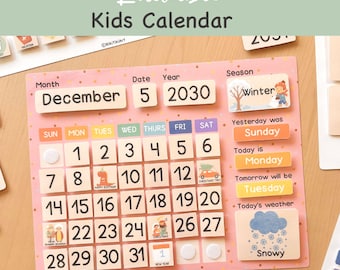 Calendário infantil para impressão – Calendário perpétuo editável para meninas, quadro matinal para sala de aula pré-escolar, quadro de horário para círculo de educação domiciliar