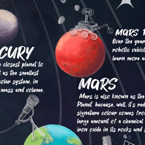 May include: An illustration of the planets Mercury and Mars. Mercury is a small, grey planet with a telescope pointing at it. Mars is a large, red planet with a robotic rover on its surface. The text "Mercury" is written next to the planet Mercury and the text "Mars" is written next to the planet Mars. The text "Mars is also known as the Red Planet because, well, it's red!" is written below the planet Mars.