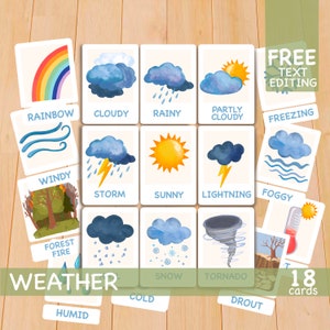 Weather Flashcards, Homeschool Montessori Materials, Toddler Flash Cards