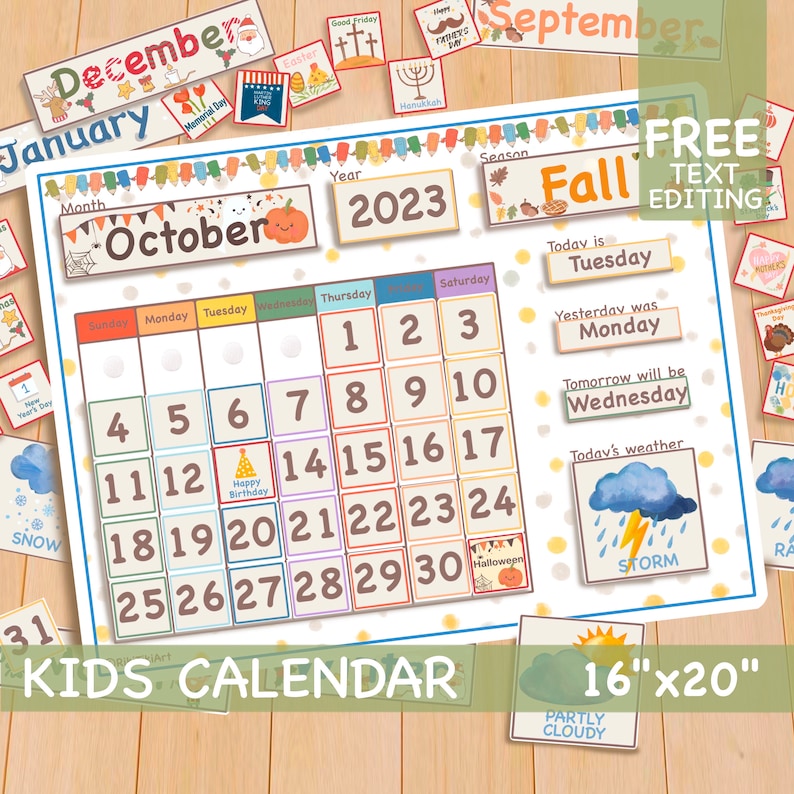 16x20 Perpetual Calendar Printable Classroom Calendar Homeschool Montessori Materials, Weather Chart Months of the Year Preschool Curriculum image 1