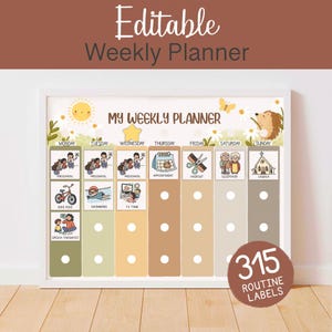 Op de afbeelding: Een ingelijste weekplanner met de tekst "Editable Weekly Planner" bovenaan. De planner heeft secties voor elke dag van de week, met illustraties voor activiteiten zoals kleuterschool en fietsen. Een ronde sticker leest "315 Routine Labels".