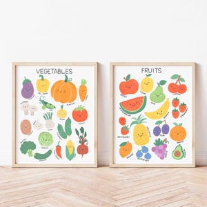 Obst und Gemüse Poster - Lernwandkunst Set mit 2 Aquarell Klassenzimmer Postern Montessori Herunterladbare Drucke für Kleinkind Food Art