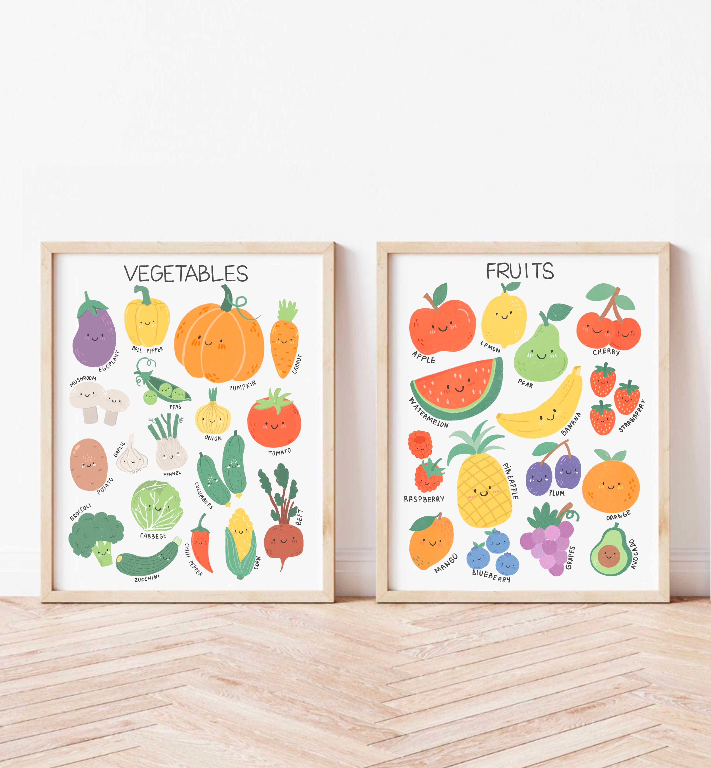 Fruit and Vegetable Posters - Educational Wall Art Set of 2 Watercolor Classroom Posters Montessori Downloadable Prints for Toddler Food Art