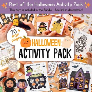 Puede incluir: Un paquete de actividades de Halloween con m&aacute;s de 70 p&aacute;ginas PDF de juegos y manualidades imprimibles. La colecci&oacute;n incluye ilustraciones de una bruja, una casa encantada, un caldero con el texto Witch's Brew y varios personajes fantasmales.