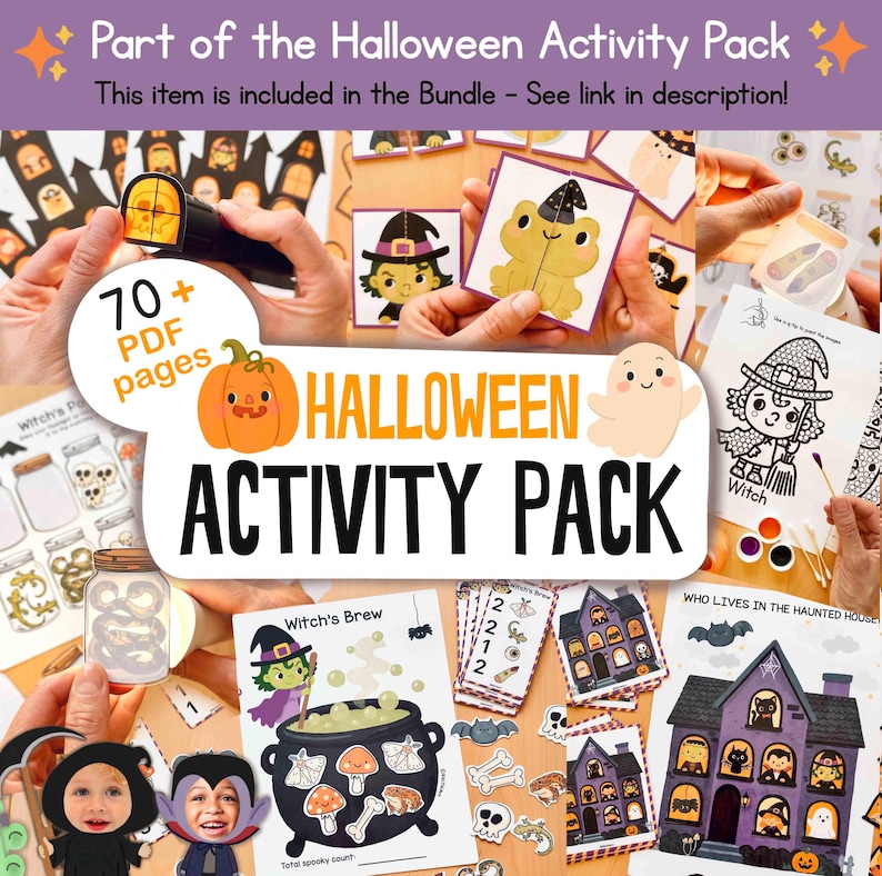 Puede incluir: Un paquete de actividades de Halloween con m&aacute;s de 70 p&aacute;ginas PDF de juegos y manualidades imprimibles. La colecci&oacute;n incluye ilustraciones de una bruja, una casa encantada, un caldero con el texto Witch's Brew y varios personajes fantasmales.