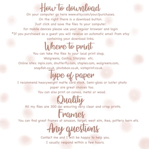 May include: A white background with brown text explaining how to download and print digital files. The text includes information about file types, paper quality, and where to print. The text also includes a contact email address for any questions.