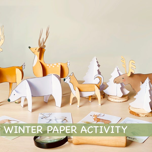 Activités en papier d'hiver Activité imprimable pour enfants Bricolage Papier Animaux Jouets Matériaux Montessori Maternelle Pré-K Homeschool Toddler Printables