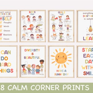 Set of 8 Calm Down Posters School Counselor Therapy Office Decor Growth Mindset Printable Calm Corner Kit Emotional Regulation Prints