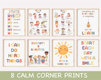 Conjunto de 8 carteles de calma, decoración de oficina para consejeros escolares, imprimibles de mentalidad de crecimiento, kit de rincón de calma, impresiones de regulación emocional