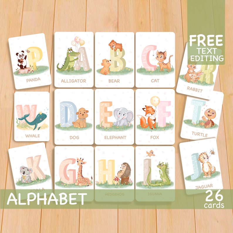 May include: A set of 26 alphabet flash cards featuring colorful illustrations of animals. Each card has a letter of the alphabet and a corresponding animal, such as a panda for P, an alligator for A, and a bear for B. The cards are designed for children learning their ABCs.