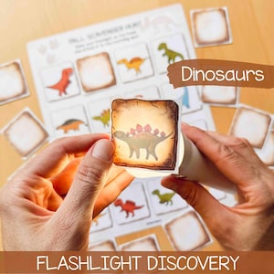 May include: A white paper square featuring a brown-bordered illustration of a green Stegosaurus, illuminated from behind by a flashlight. The square is part of a larger scavenger hunt activity sheet with various dinosaur graphics and text.