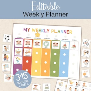 May include: A vibrant weekly planner with the text "Editable Weekly Planner". The planner features sections for each day, illustrations, and the text "My Weekly Planner". It also includes 315 routine labels to help organise the week.