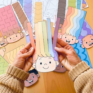 May include: A paper craft activity featuring a cartoon face with long, multi-colored strips of paper extending from the top of the head. The strips are pastel orange, yellow, green, blue, and purple, with dotted lines for cutting and styling.