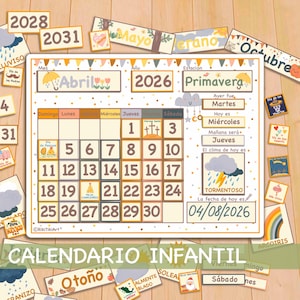 Calendario en español para niños, calendario perpetuo imprimible para niños pequeños, carpeta de actividades Montessori, plan de estudios preescolar para educación en casa y tabla del tiempo.