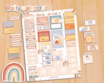 Daily Calendar for Kids Boho Montessori Materials Printable Visual Morning Board Nursery Homeschool Classroom Child Calendar