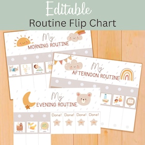 May include: Three printable routine flip charts with the text "Editable Routine Flip Chart". The charts are labeled "Morning Routine", "Afternoon Routine", and "Evening Routine". Each chart has illustrated icons and space for check marks.