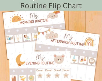 Puede incluir: Tres gráficos de rutina imprimibles con el texto "Editable Routine Flip Chart". Los gráficos están etiquetados como "Morning Routine", "Afternoon Routine" y "Evening Routine". Cada gráfico tiene iconos ilustrados y espacio para marcas de verificación.