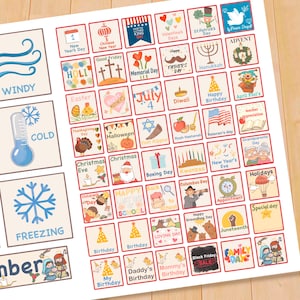 May include: A colorful chart with illustrations of holidays throughout the year. The chart includes holidays like New Year's Day, Easter, Memorial Day, July 4th, Halloween, Thanksgiving, Christmas, and more.