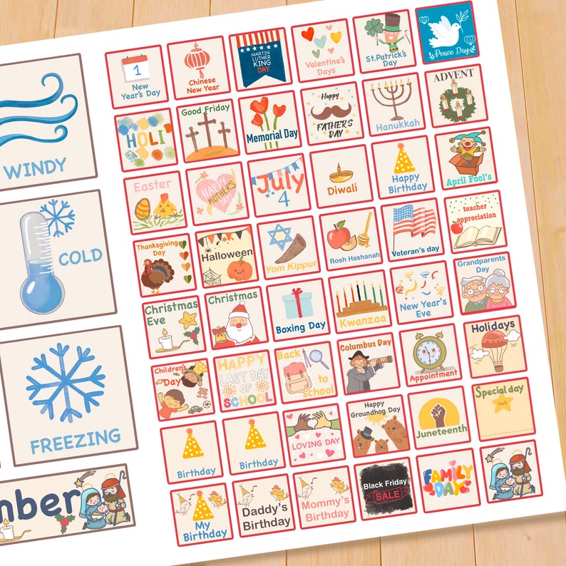 May include: A colorful chart with illustrations of holidays throughout the year. The chart includes holidays like New Year's Day, Easter, Memorial Day, July 4th, Halloween, Thanksgiving, Christmas, and more.