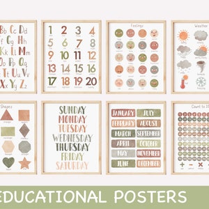 Conjunto de 8 carteles educativos Neutral Kids Decor Imprimible Montessori Wall Art Boho Classroom Decor Homeschool Poster Impresiones de sala de juegos para niños pequeños