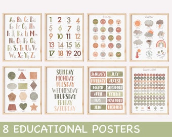 Set of 8 Educational Posters Neutral Kids Decor Printable Montessori Wall Art Boho Classroom Decor Homeschool Poster Toddler Playroom Prints