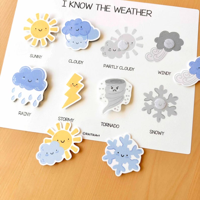 May include: A white board with the text "I KNOW THE WEATHER" and illustrated weather symbols. The symbols include a smiling sun, clouds, rain, a lightning bolt, a tornado, and a snowflake. The board is on a light brown surface.