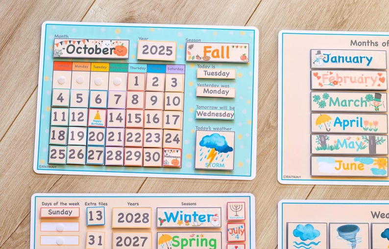 May include: A colorful wooden calendar with removable pieces for teaching days of the week, months, seasons, years, and weather. The calendar features a bright blue background with yellow stars and a picture of a storm cloud with lightning.