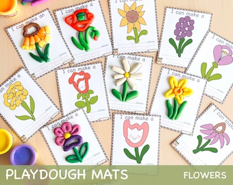 May include: Playdough mats featuring different flower shapes with the text "I can make a" and the name of the flower. The mats are printed on white cardstock with a black and white checkered border.