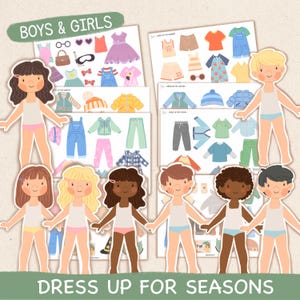 Puede incluir: Un juego de muñecas de papel con el texto "BOYS & GIRLS" y "DRESS UP FOR SEASONS". El juego incluye muñecas de papel y ropa para diferentes estaciones, como vestidos, monos, chaquetas y pantalones cortos. Las muñecas tienen varios tonos de piel y peinados.