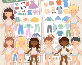 Habillage de poupée de papier Four Seasons à imprimer | Poupées en papier garçons et filles | Jeu d'Habillage | Cahier d'activités amusantes pour tout-petits
