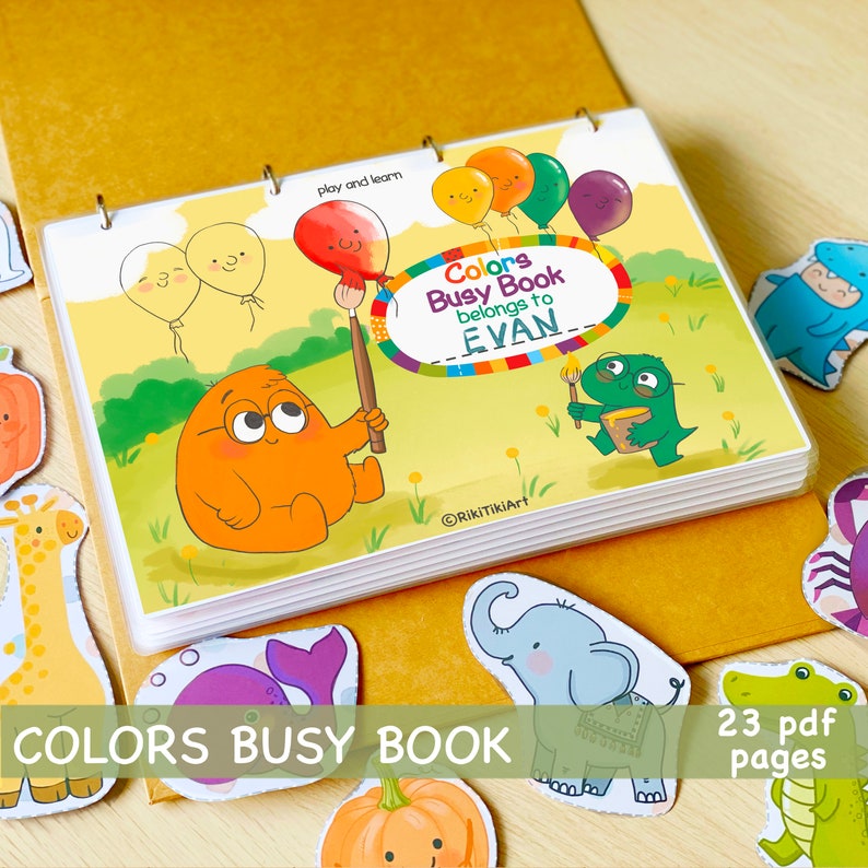 Peut inclure: Un livre d'activit&eacute;s color&eacute; pour enfants avec 23 pages. La couverture pr&eacute;sente un gentil monstre orange tenant un pinceau et un titre qui dit "Colors Busy Book belongs to EVAN".