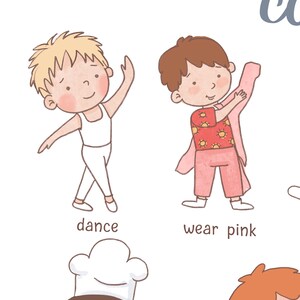 May include: Illustration of three children. One child is dancing in a white leotard. Another child is wearing a pink shirt and pants. The third child is wearing a chef's hat.