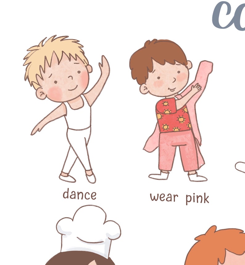 May include: Illustration of three children. One child is dancing in a white leotard. Another child is wearing a pink shirt and pants. The third child is wearing a chef's hat.